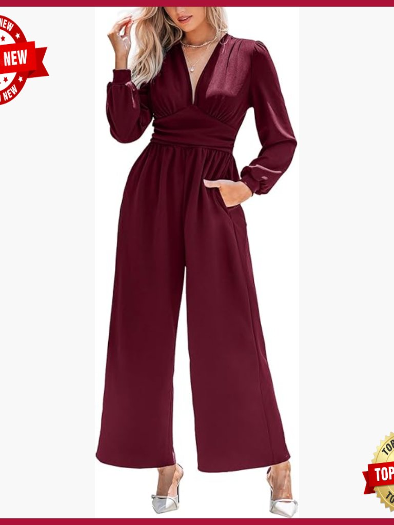 Long Sleeve V-Neck Jumpsuit Wide Leg High Waist Polyester Spandex Romper